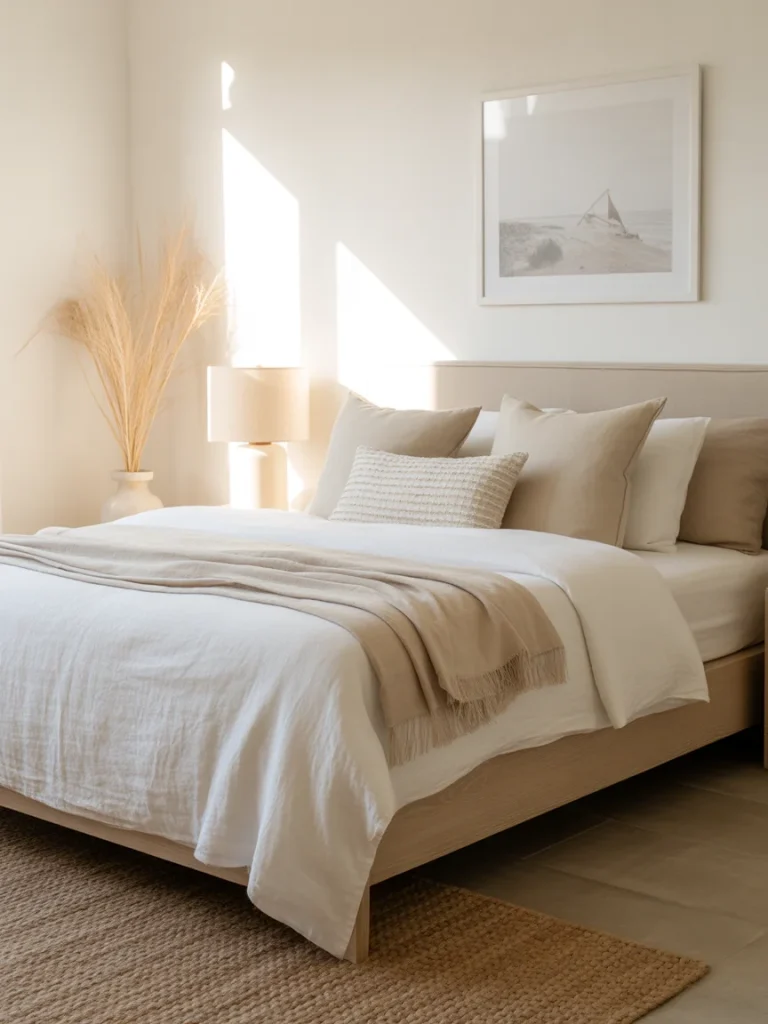 Modern coastal bedroom with linen bedding and neutral coastal decor.