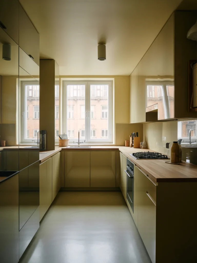 Small kitchen with reflective cabinets and surfaces that create a brighter, more spacious look.