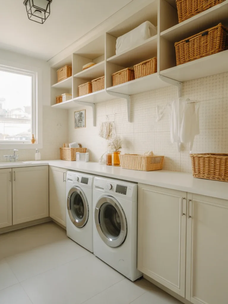 Laundry room with subtle patterned backsplash behind open shelves and woven storage baskets.