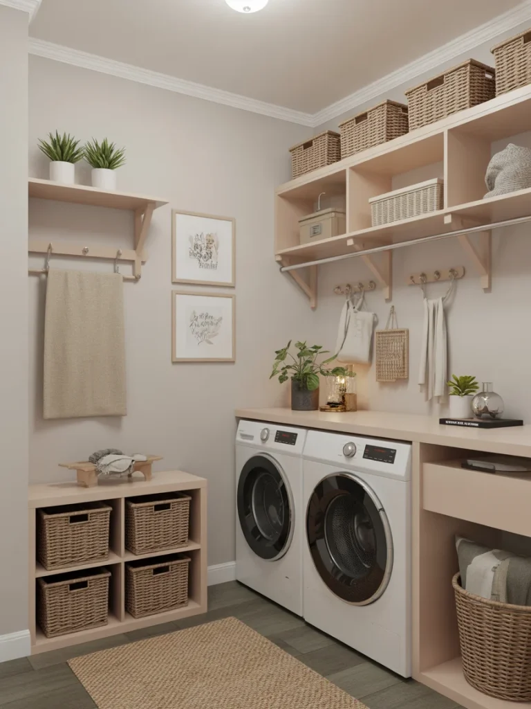 Laundry room with plants, decorative shelves, and front-loading washer and dryer.