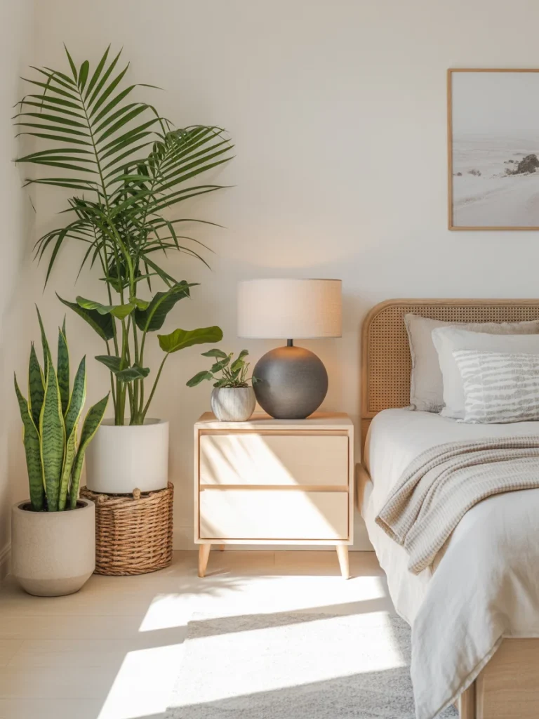 Modern coastal bedroom with indoor plants and light wood nightstand.