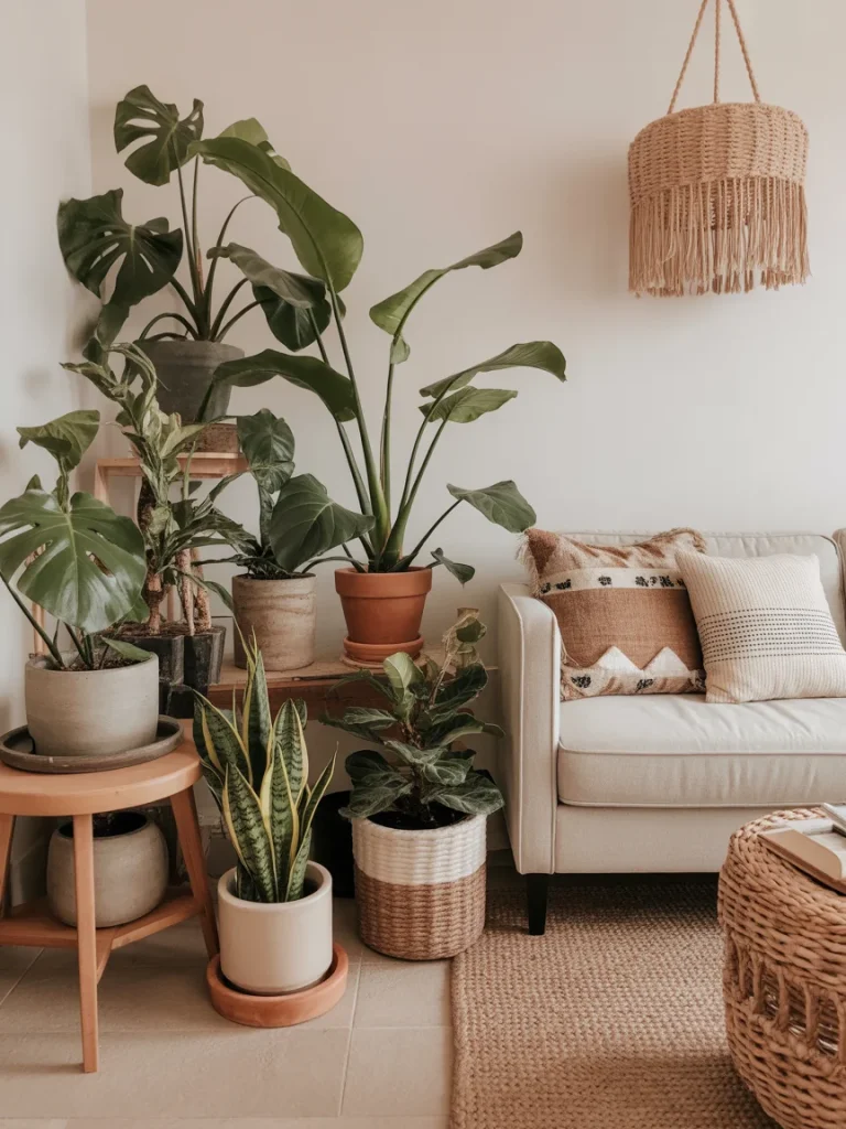Boho living room with many indoor plants and woven decor.