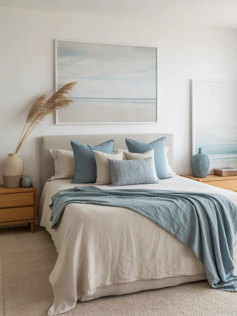 Modern coastal bedroom with subtle blue accents and neutral decor.