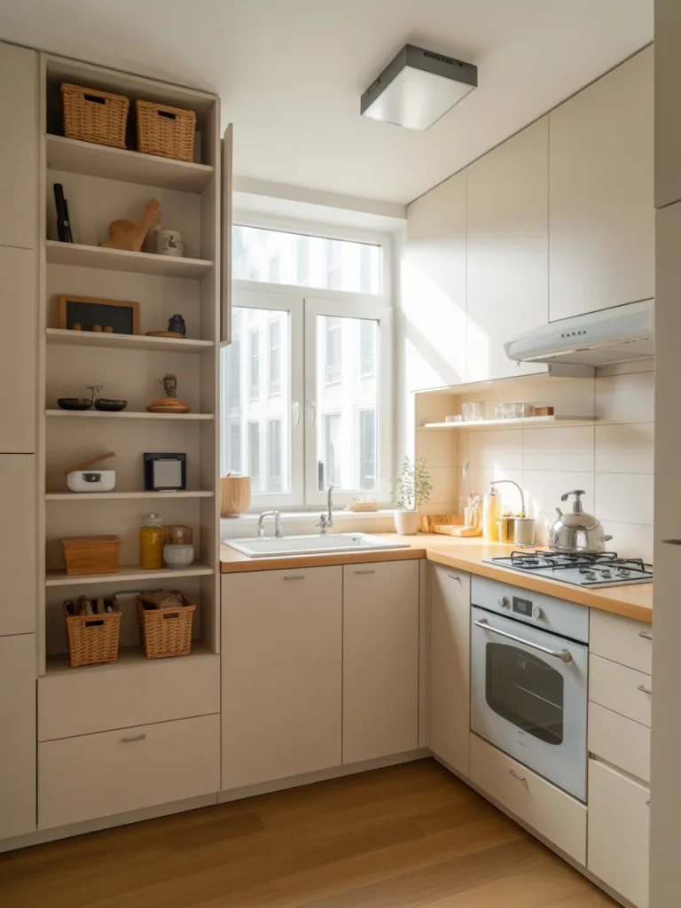 Small kitchen with tall vertical storage cabinets and open shelving for organization.
