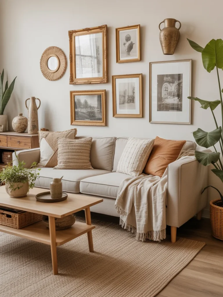 Boho living room with vintage gallery wall and thrifted decor accents.