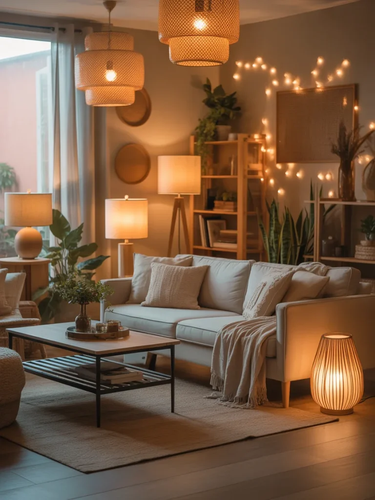 Boho living room with warm ambient lighting and cozy lamps.