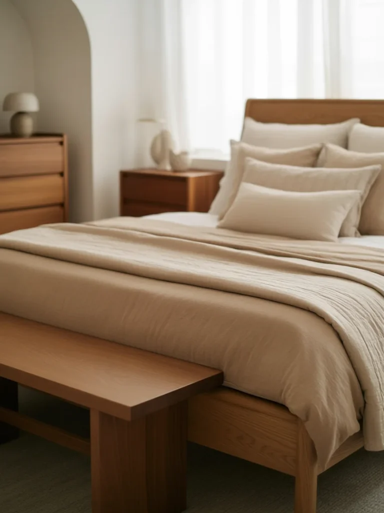 Neutral bedroom with warm wood furniture, beige bedding, and minimalist decor.