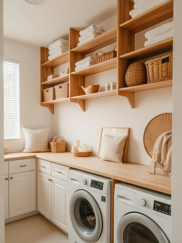 Laundry room with wooden shelves and accents, white cabinets, and wicker storage baskets.