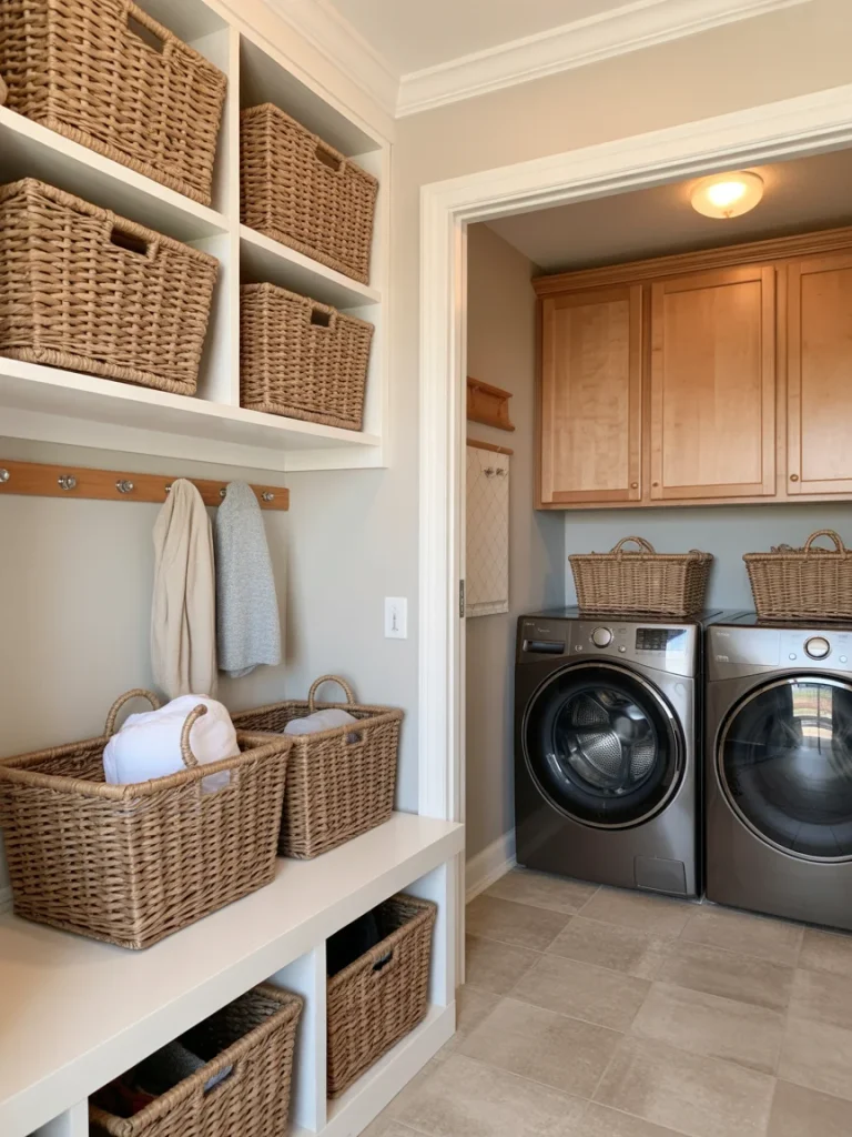 Mudroom laundry room with woven baskets for stylish storage and organization.