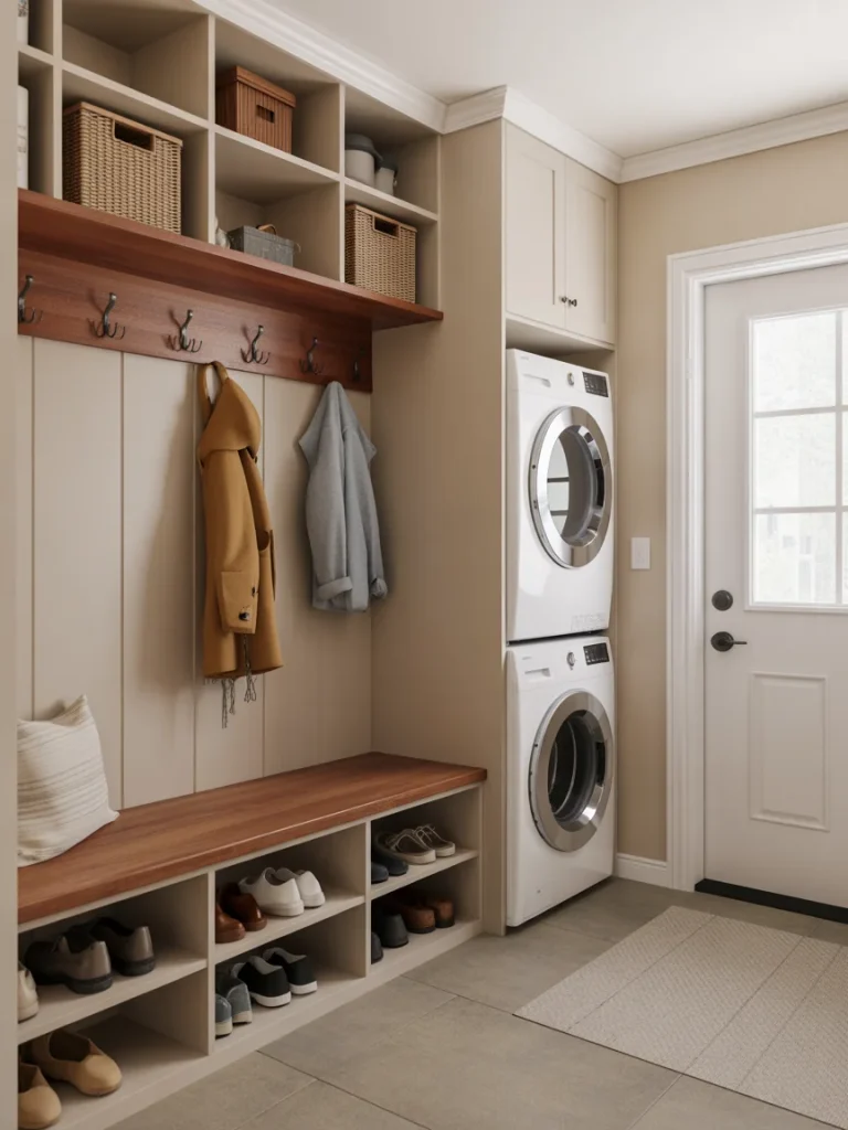 Mudroom bench with shoe storage and stacked washer dryer.