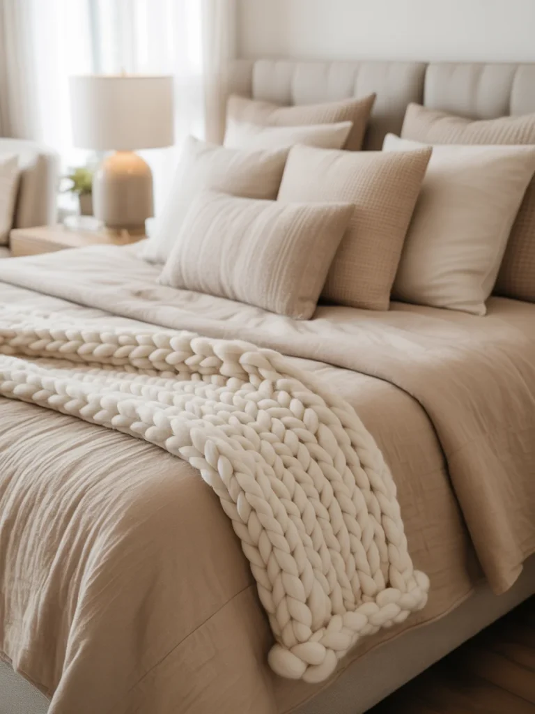 Cozy neutral bed with chunky knit blanket and layered beige pillows.