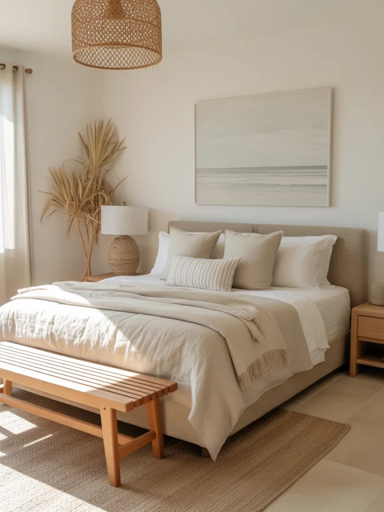 Modern coastal bedroom with wooden bench at the foot of the bed.
