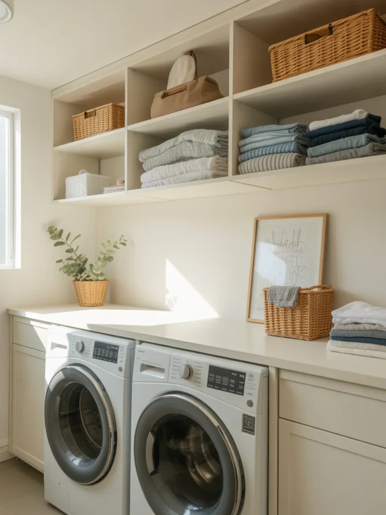 Laundry room with folding station countertop under open shelves above washer and dryer.