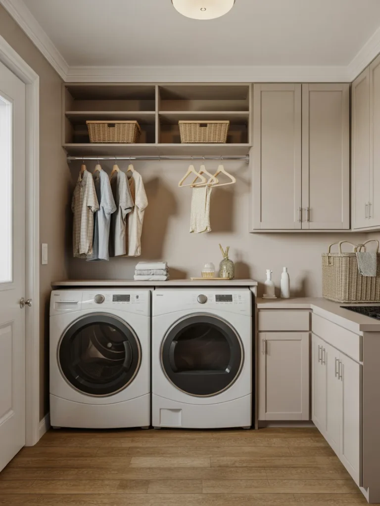 Laundry room with hanging rod above washer and dryer for drying clothes.