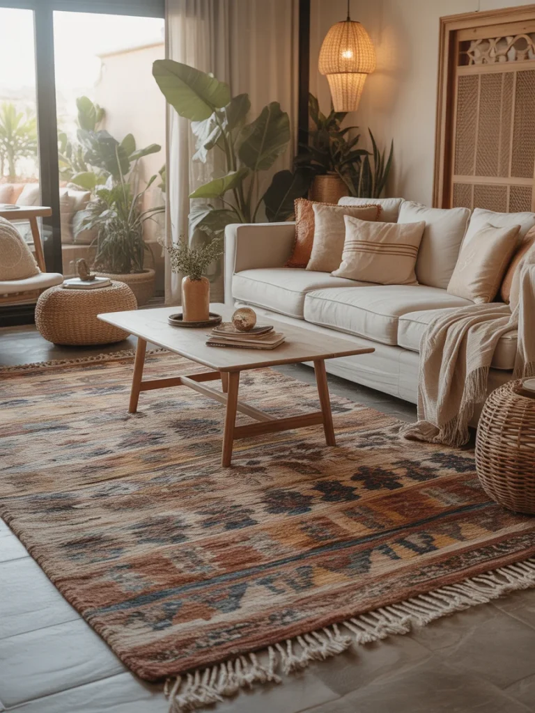 Boho living room with large patterned area rug and neutral sofa.