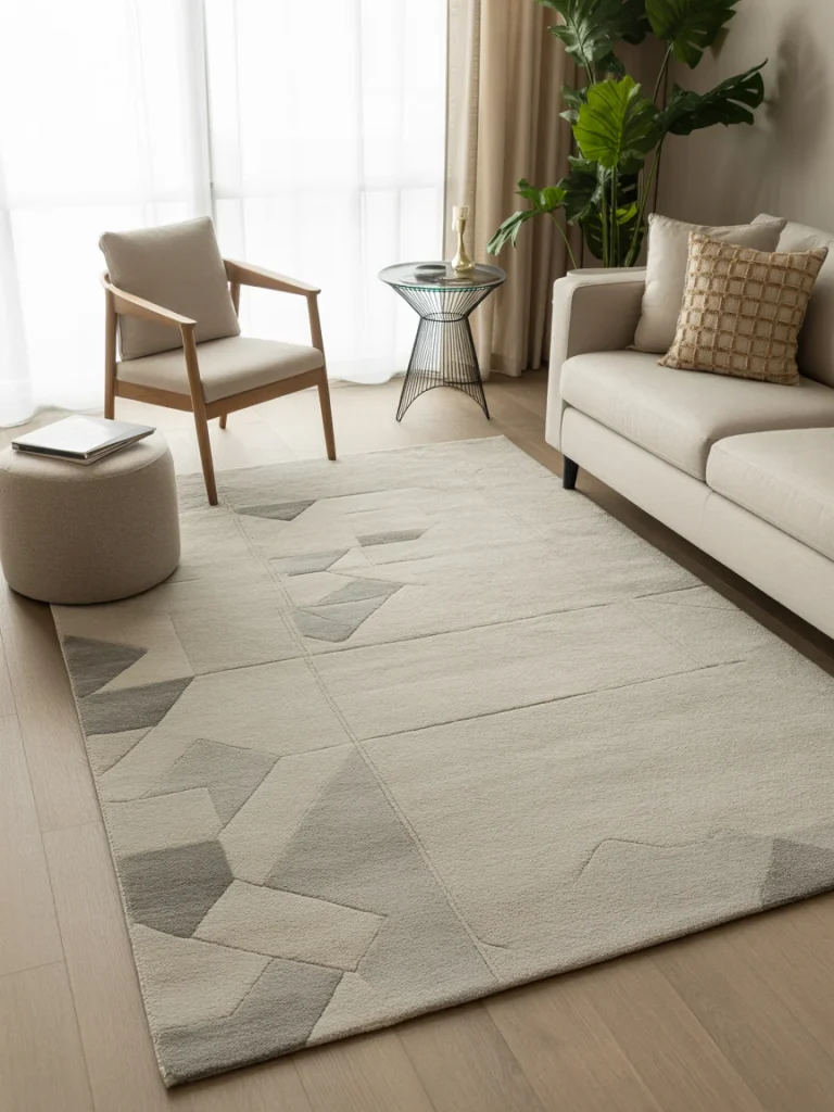 Modern neutral area rug in living room with geometric pattern and soft texture.