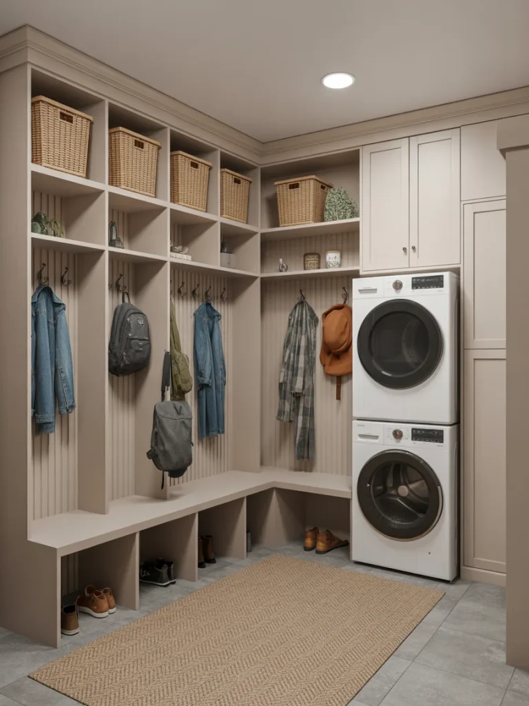 Mudroom locker system with bench storage and stacked washer and dryer.