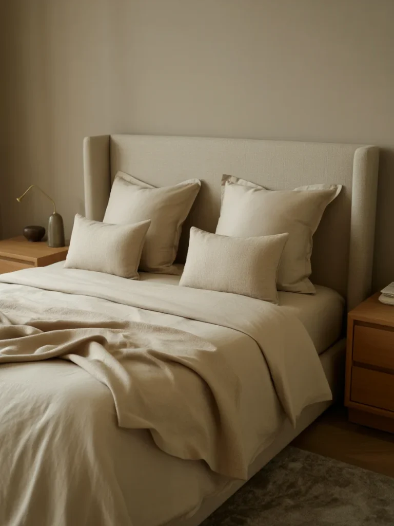 Neutral bedroom with upholstered headboard and soft beige layered bedding.