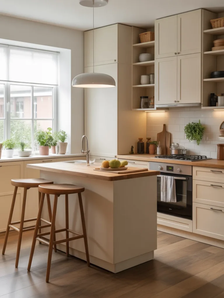 Small kitchen with a compact island, light cabinets, and wood countertop seating.