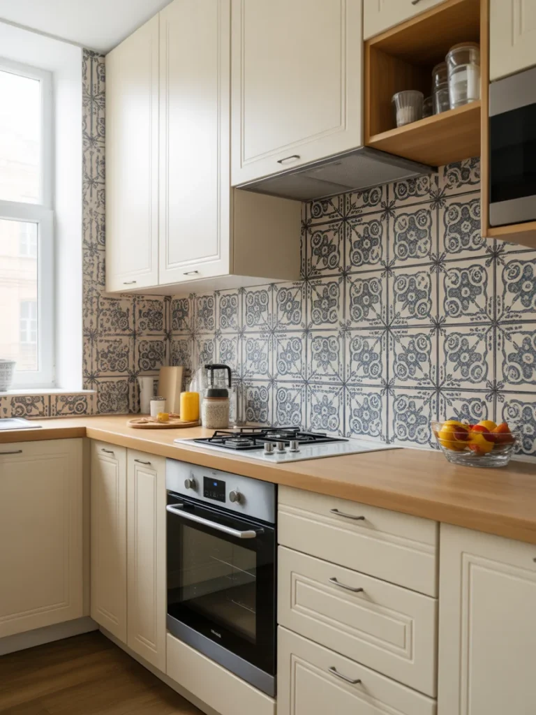 Small kitchen with patterned statement backsplash and light cabinetry.