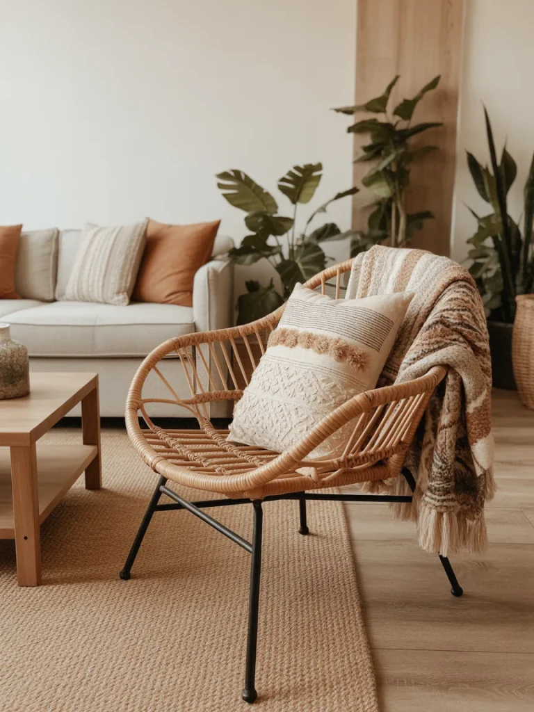 Statement rattan boho chair with pillow and throw blanket.