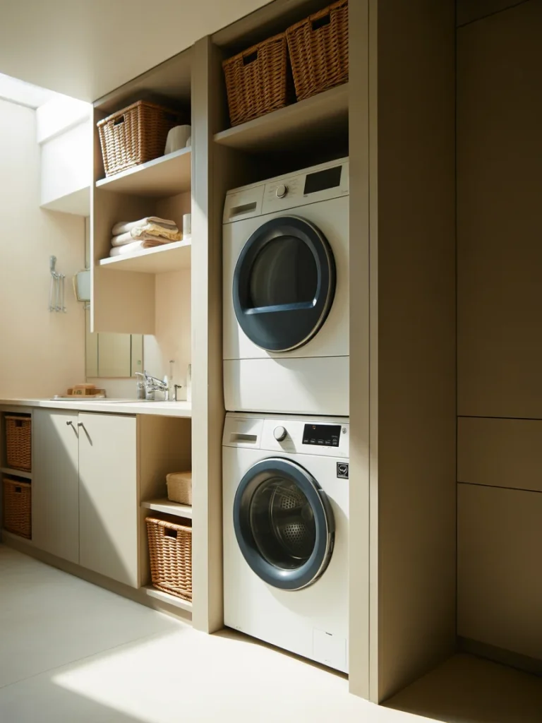 Bathroom laundry nook with stacked washer dryer and storage shelves.