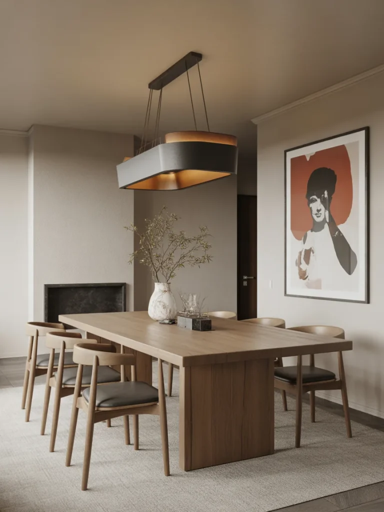 Modern rustic dining room with wooden table and contemporary wall art.