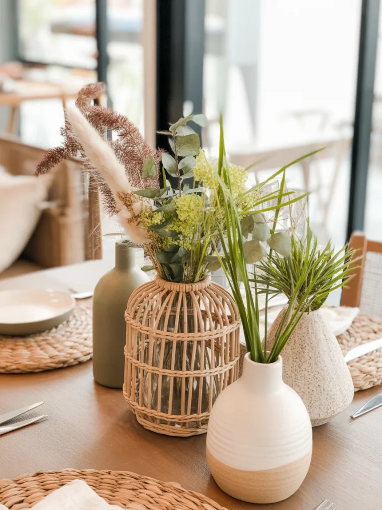 Boho spring centerpiece with pampas grass and greenery in textured vases on a dining table.
