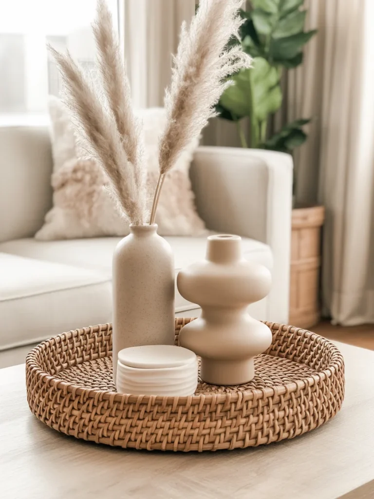Boho spring tray with pampas grass, neutral vases, and woven texture.
