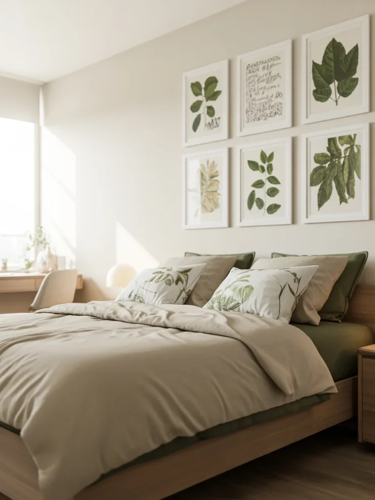 Bedroom with botanical wall art decor and nature-inspired bedding.
