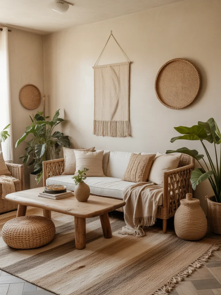 Boho living room with natural materials like wood, woven decor, and plants.