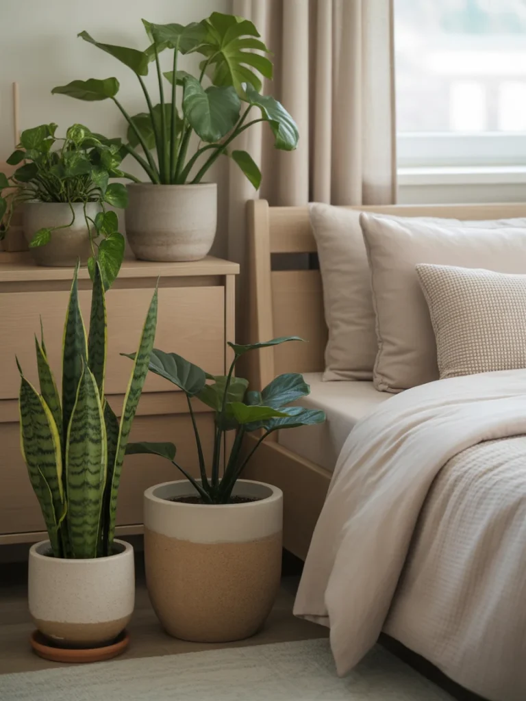 Neutral bedroom corner styled with indoor plants and soft beige bedding.