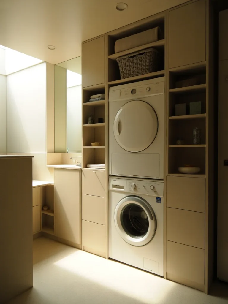 Built-in laundry wall unit with stacked washer dryer and storage shelves.