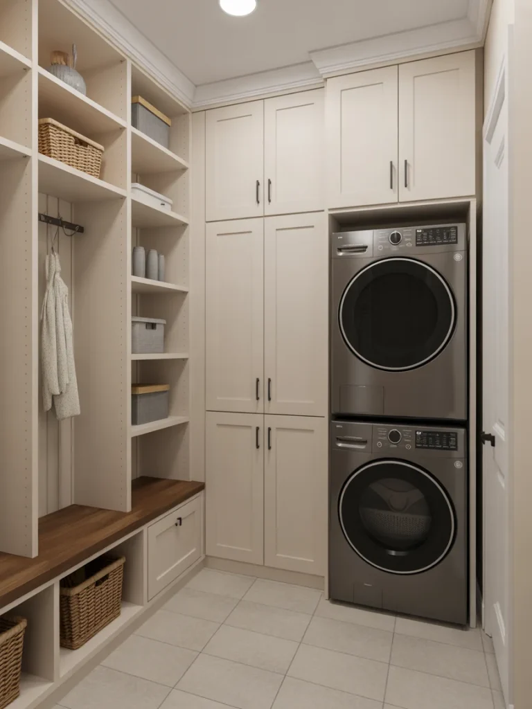 Mudroom laundry room with built-in storage cabinets and stacked washer dryer.