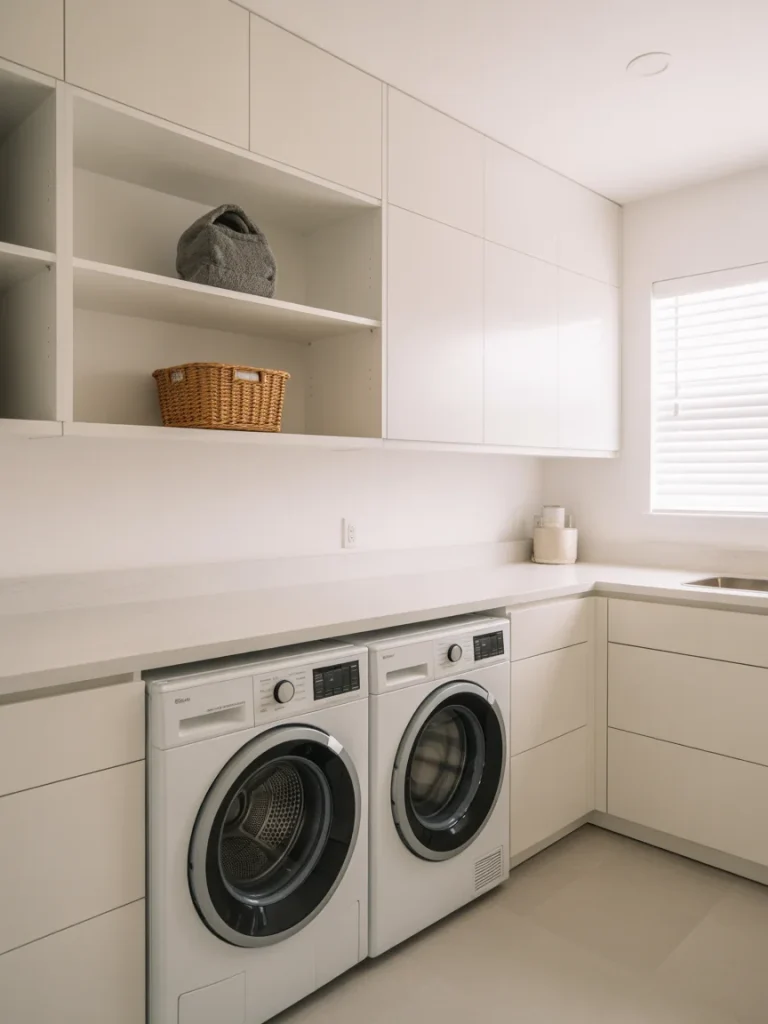 Laundry room with built-in white shelves and cabinets above washer and dryer for a seamless look.