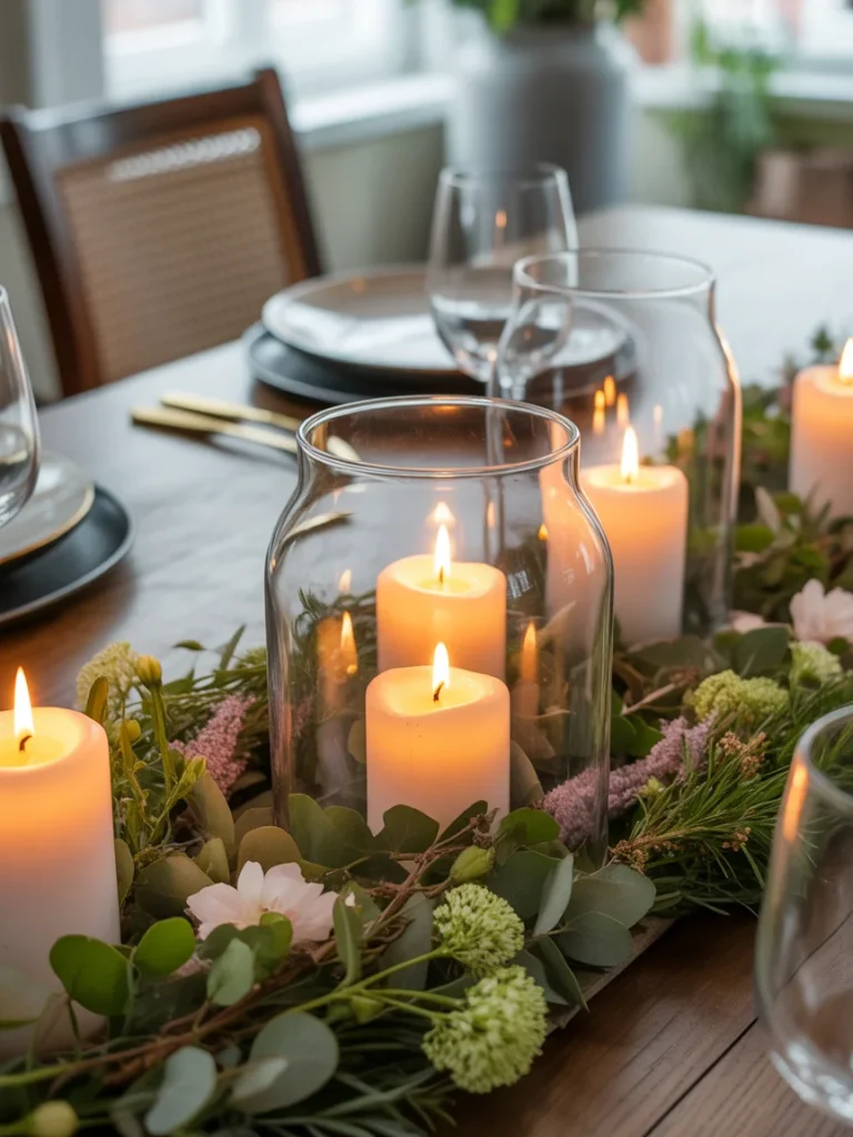Spring candle centerpiece with glass hurricanes, greenery, and white pillar candles on a dining table.