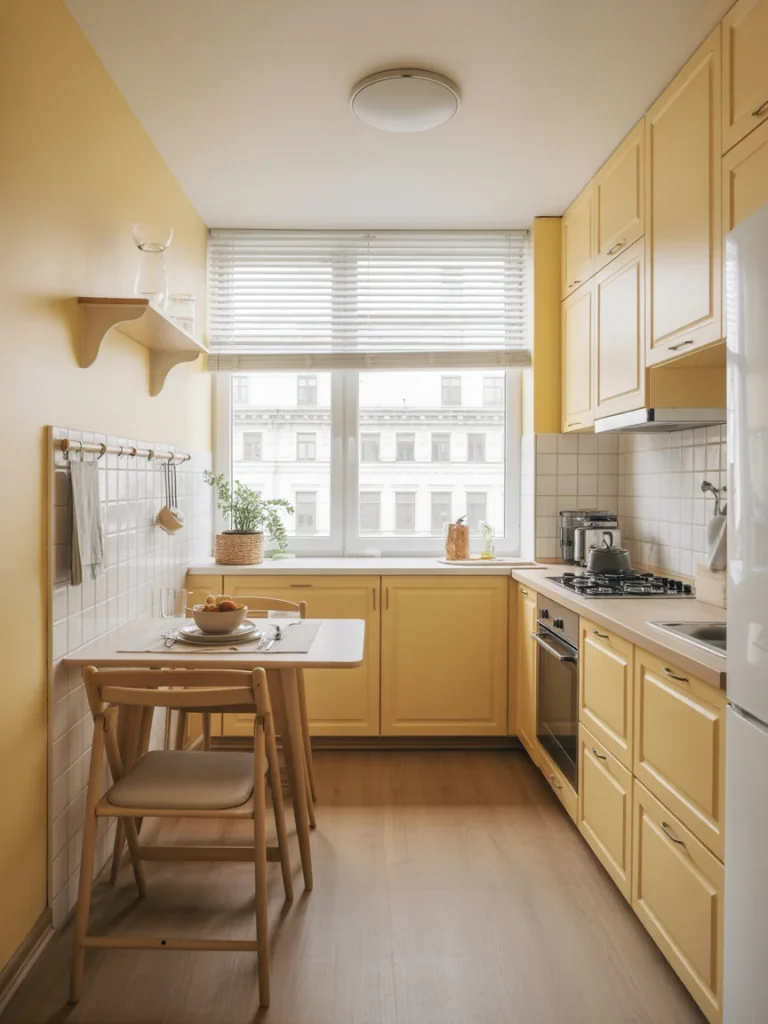 Small kitchen with compact dining table and chairs for space-saving layout.