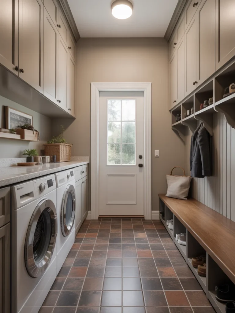 Mudroom laundry room with durable tile flooring and storage bench.
