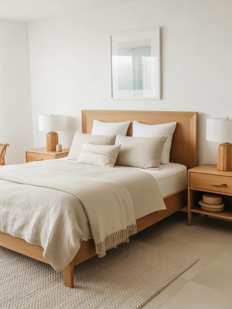 Modern coastal bedroom with light wood bed frame and neutral bedding.