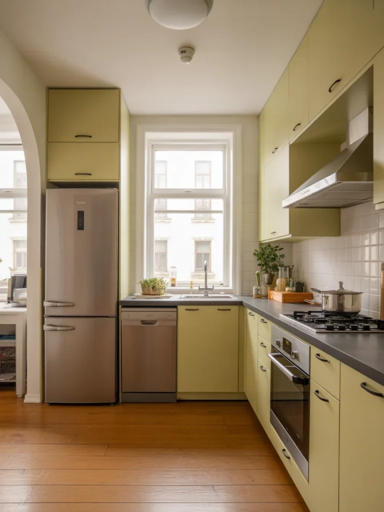 Small kitchen with slim appliances including narrow fridge and compact dishwasher.