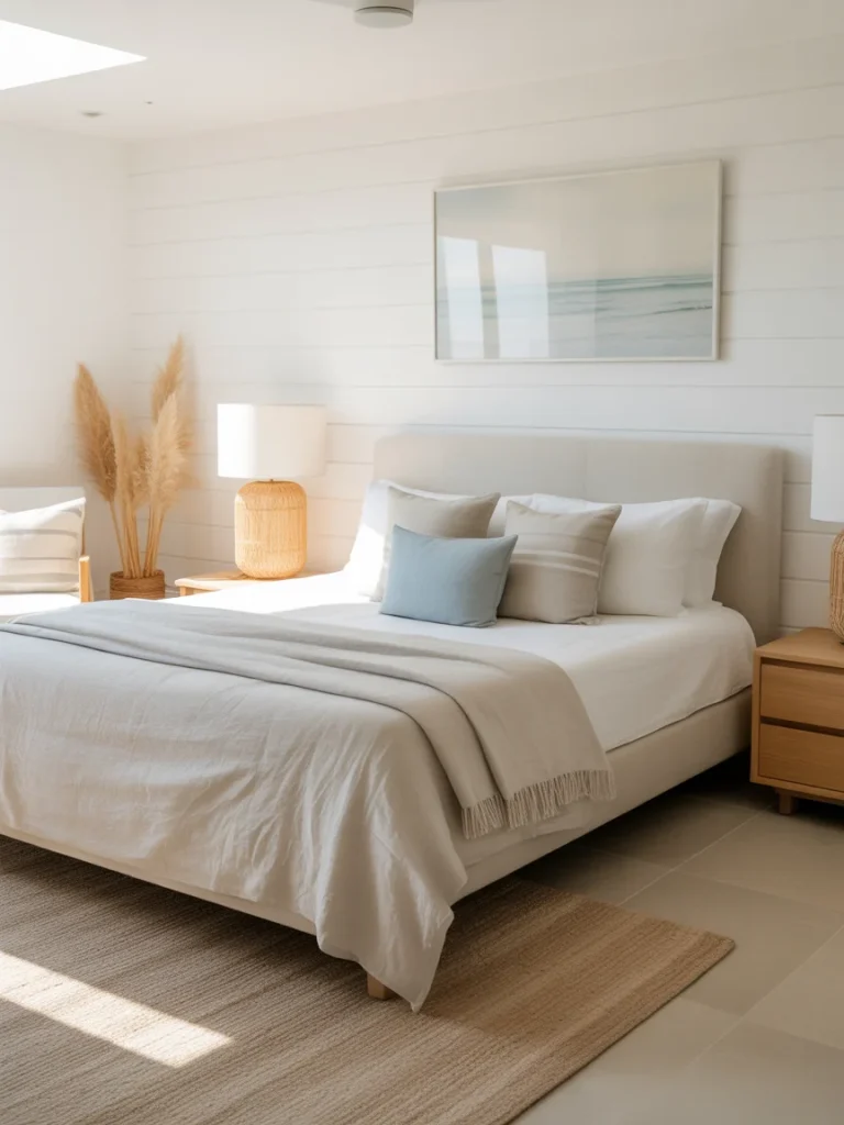 Modern coastal bedroom with white walls and neutral decor.