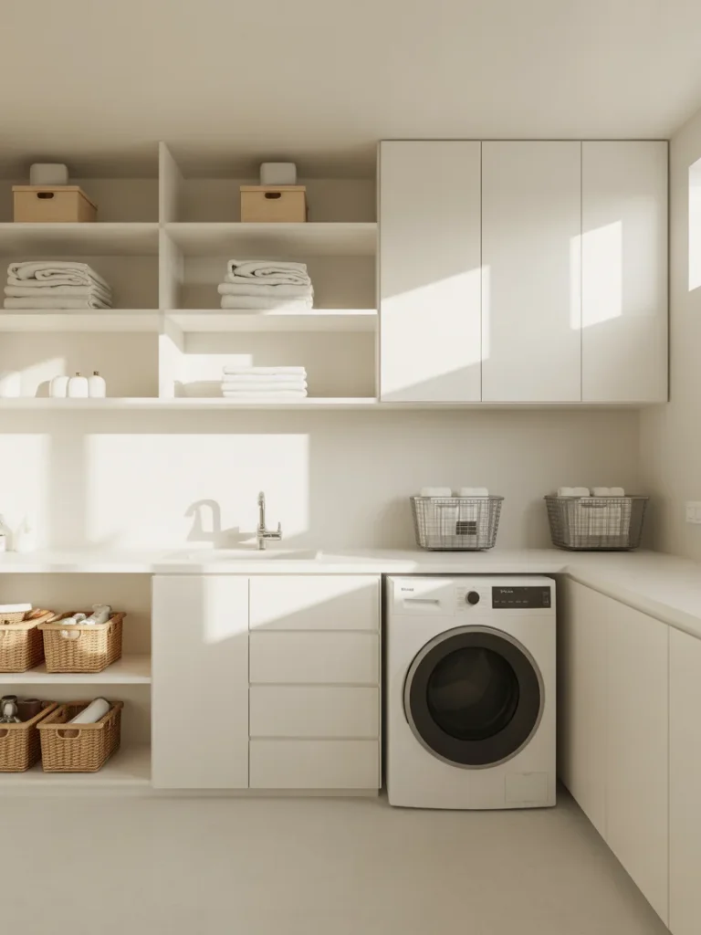 All-white laundry room with open shelving, folded towels, and minimalist storage.