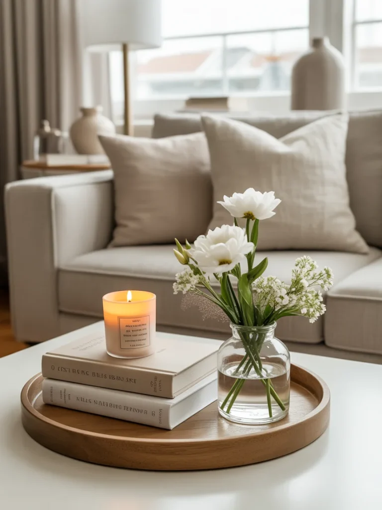Coffee table spring tray with flowers, candle, and stacked books.