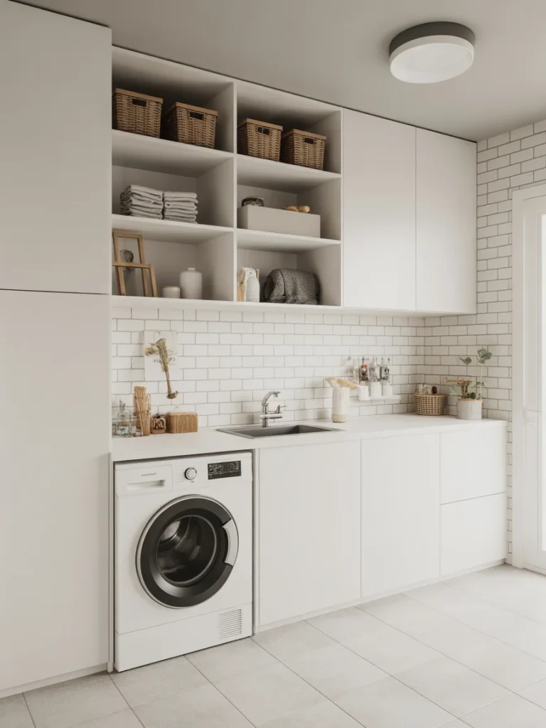 Laundry room with a mix of open shelves and closed cabinets above washer and sink.