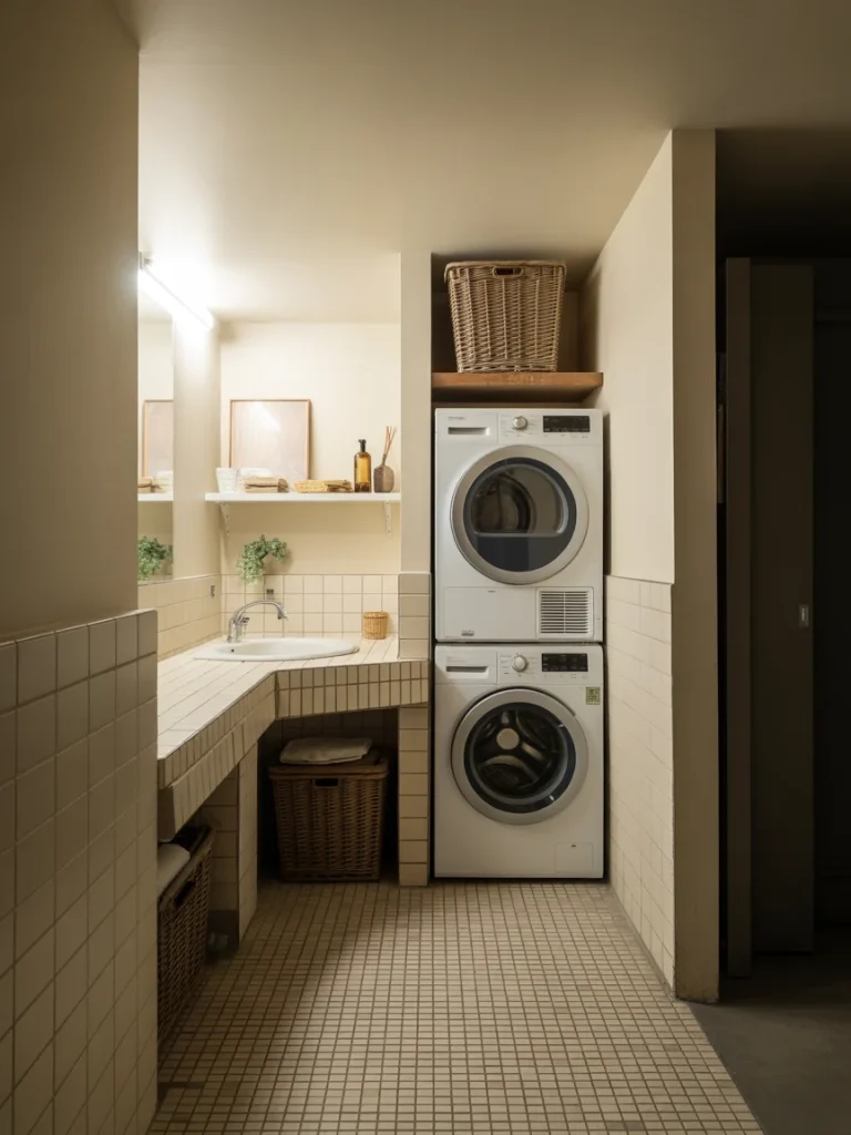 Corner laundry layout with stacked washer dryer in bathroom.