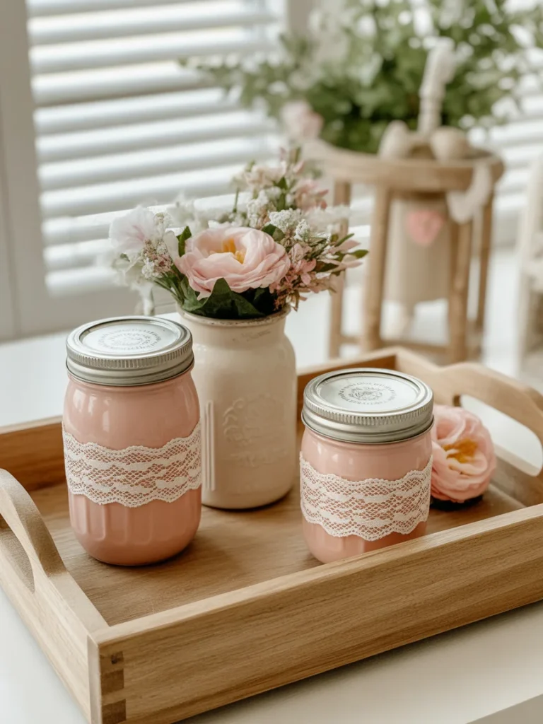 Cottagecore spring tray with mason jars, flowers, and lace accents.