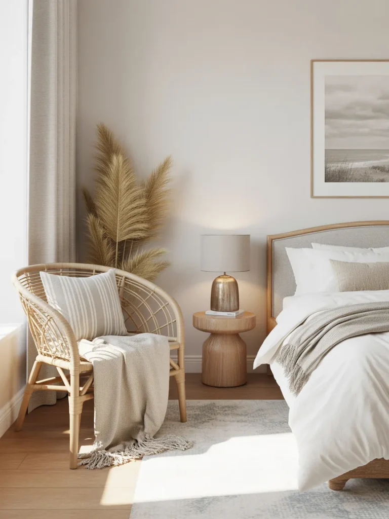 Cozy coastal reading nook with rattan chair and soft neutral decor.