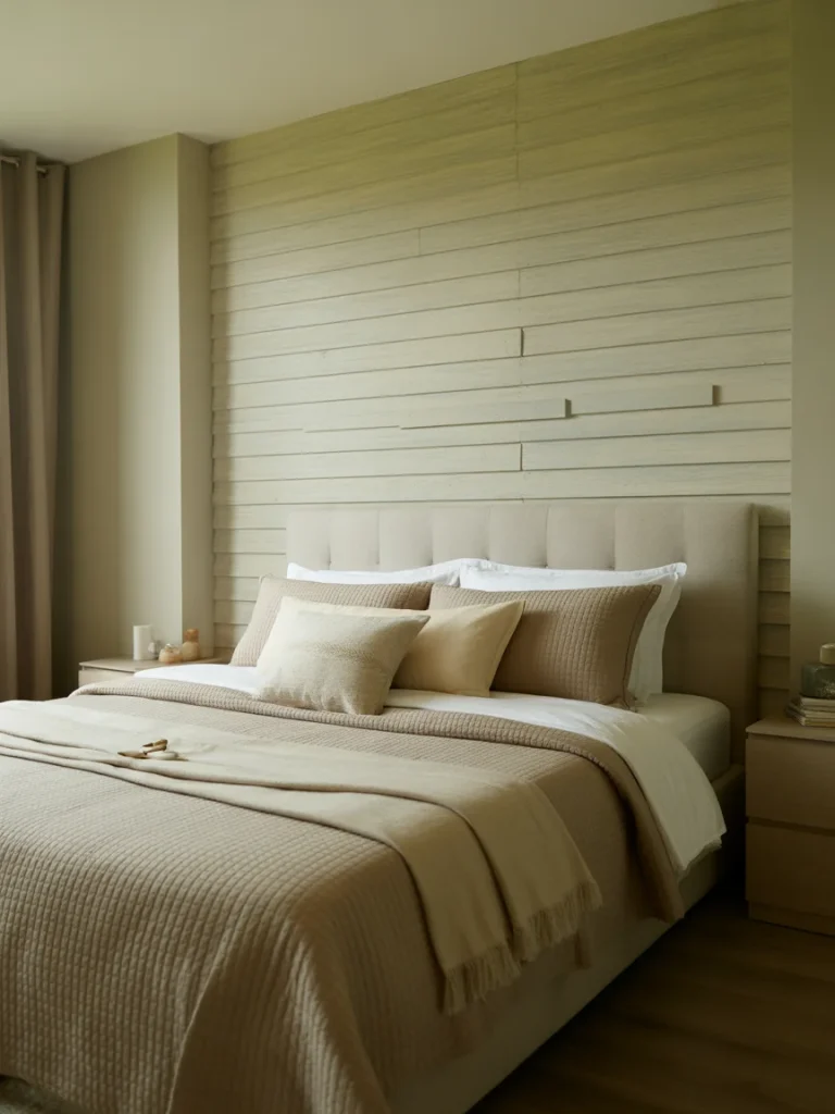 Cozy neutral bedroom with textured wood accent wall and beige layered bedding.