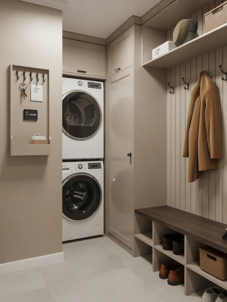 Mudroom drop zone with key hooks, mail organizer, and stacked washer and dryer.