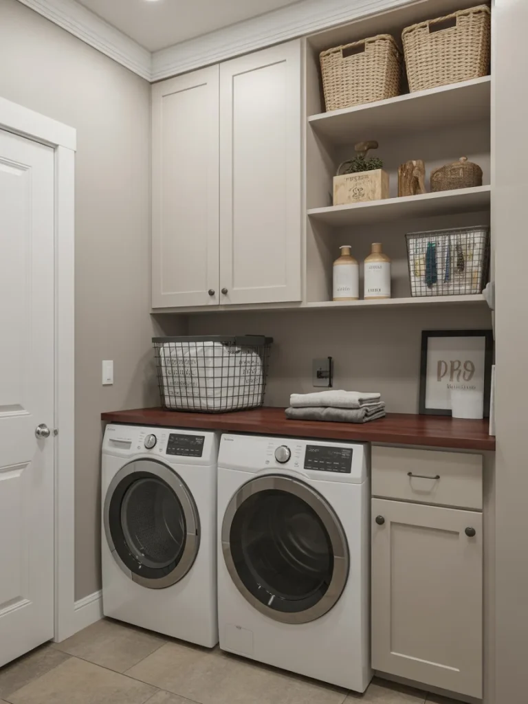 Laundry room with folding counter above washer and dryer and open storage shelves.